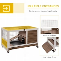 Wooden Rabbit Hutch Indoor Outdoor, Elevated Bunny Cage with No Leak Tray Enclosed Run with Wheels, Ideal for Guinea Pigs and Small Animals, Brown