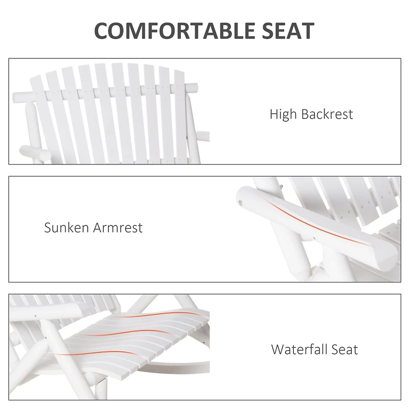 Outdoor Wooden Rocking Chair, Double-Person Rustic Adirondack Rocker with Slatted Seat, High Backrest, Armrests for Patio, Garden and Porch, White