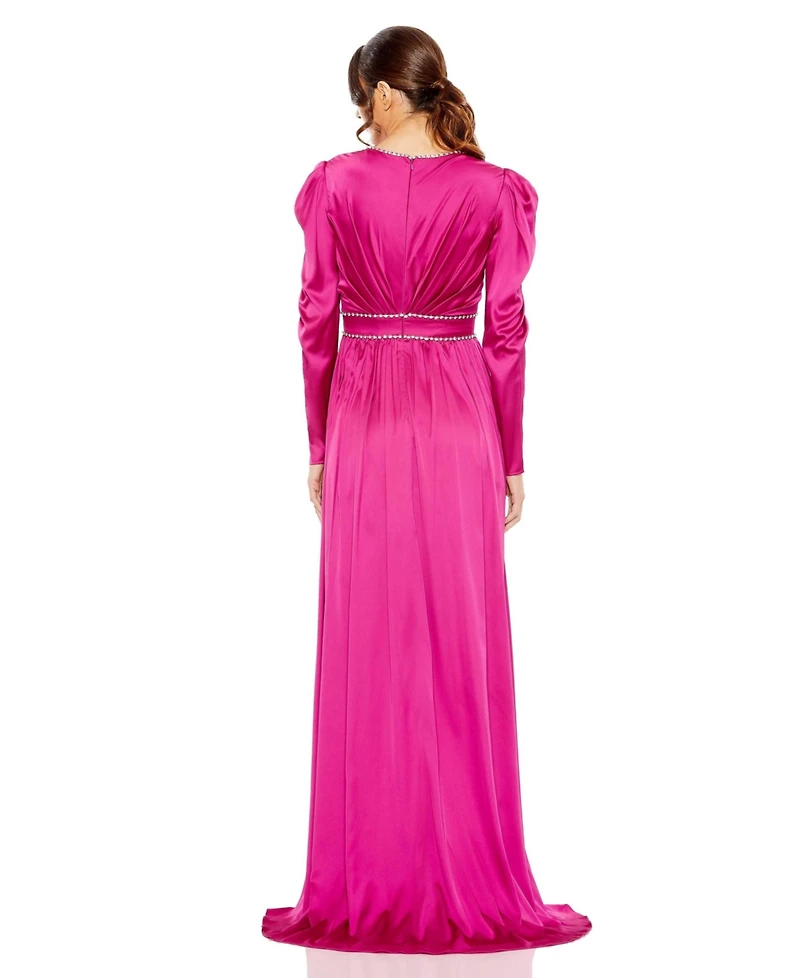 Mac Duggal Women's Rhinestone Trim Puff Sleeve Gathered Gown
