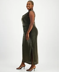 Connected Plus Metallic-Finish Draped Evening Gown