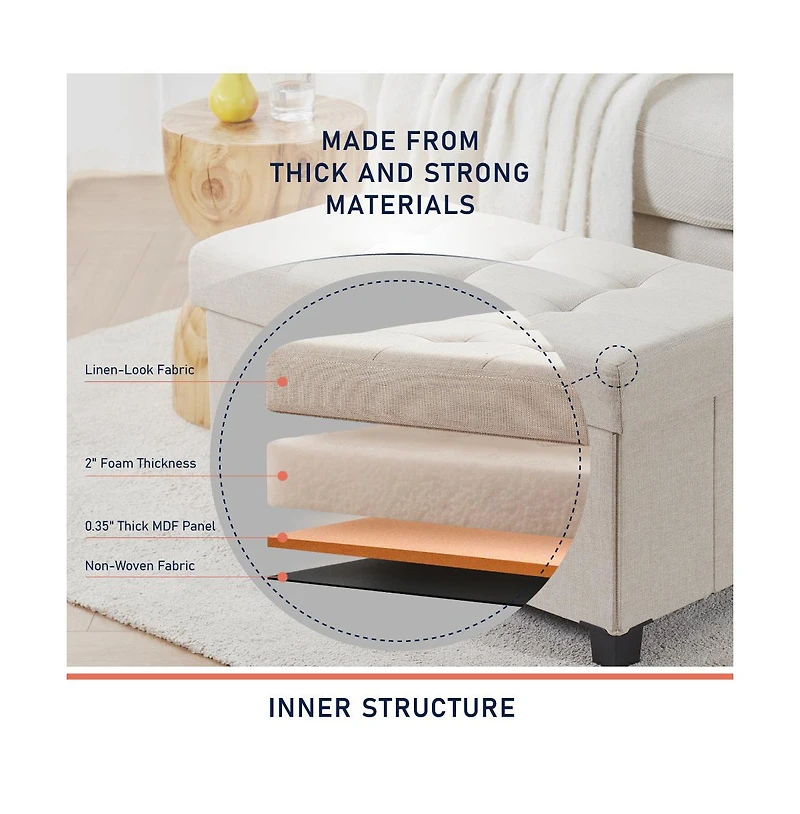 Ornavo Home Foldable Tufted 30 Inch Linen Bench Storage Ottoman with Legs