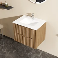 Goodyo 24" Wall-Mount Bathroom Vanity Cabinet with White Basin Sink Combo Floating, Walnut