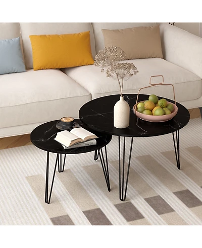 Streamdale Furniture 27.56" Round Nesting Coffee Table Set of 2, Circular Nesting End Table Set, Round Marble Tabletop, and Sturdy Metal Base for Livi