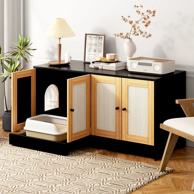 Streamdale Hidden Litter Box Furniture with Double Rattan Doors