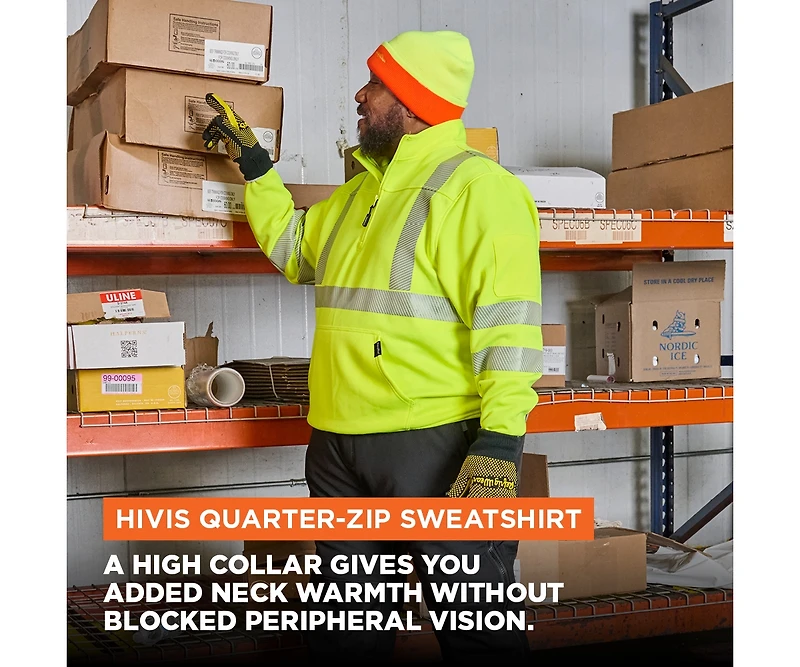 RefrigiWear Big & Tall HiVis Quarter-Zip Sweatshirt - High Visibility Safety Pullover with Reflective Tape
