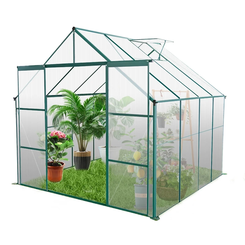 8x8 Ft Double Door Polycarbonate Greenhouse Raised Base and Anchor Aluminum Heavy Duty Walk-in Greenhouses for Outdoor Backyard in All Season, Green