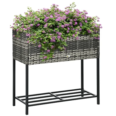 Raised Garden Bed, Elevated Planter Box with Rattan Wicker Look, Tool Storage Shelf, Portable Design for Herbs, Vegetables, Flowers, Gray