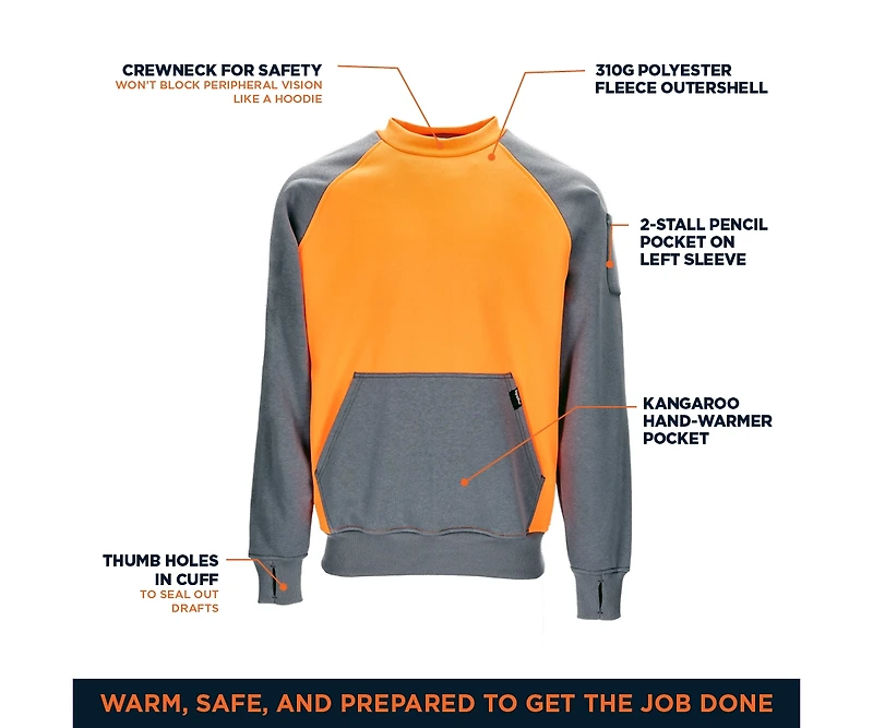 RefrigiWear Men's Two-Tone HiVis Crewneck Sweatshirt - High Visibility Safety Pullover with Contrast Design
