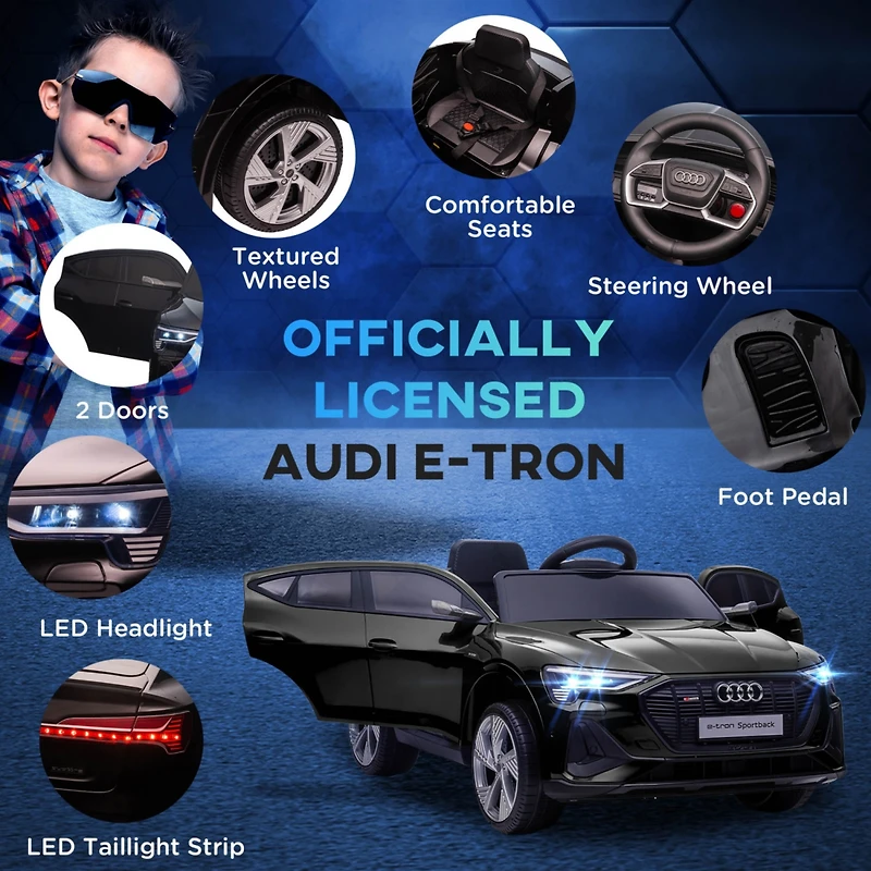 12V Kids Electric Ride On Car, Audi E-tron, Battery Powered Toy with Parent Remote Control, Suspension System, Auxiliary Wheels, Led Lights, Music and