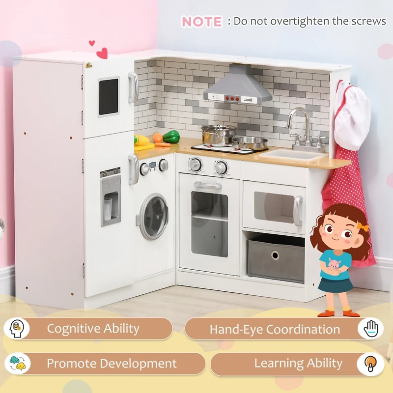 Simplie Fun Corner Play Kitchen Set with Sound Effects and Tons of Countertop Space, Large Wooden Kitchen with Washing Machine, Food Toys, Ice Maker,