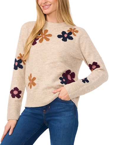 CeCe Women's Crewneck Flower Patterned Knit Long-Sleeve Sweater