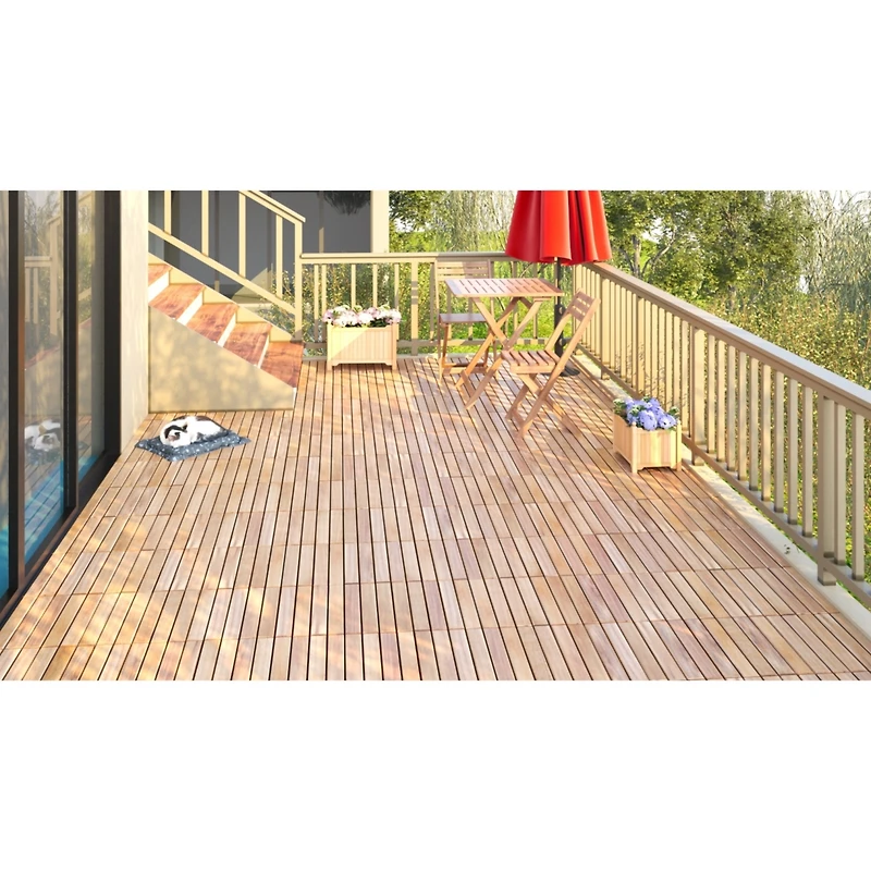20 Pcs Interlocking Deck Tiles Striped Pattern, 12" x 12" Square Yellow Acacia Hardwood Outdoor Flooring for Patio, Bancony, Pool Side,...