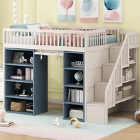 Streamdale Full Size Loft Bed with 2 Four-layer Storage Cabinets and Curtain