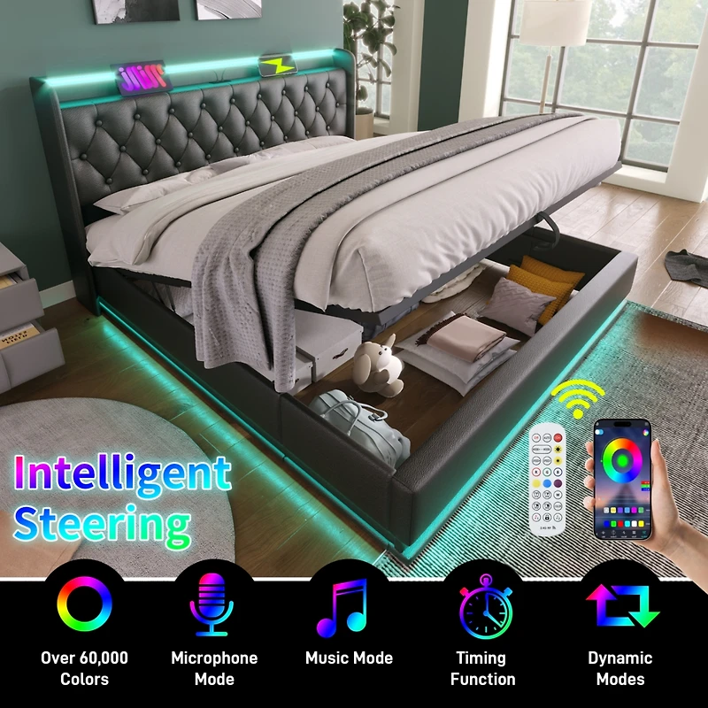 Streamdale Queen Upholstered Led Smart Bed with Storage