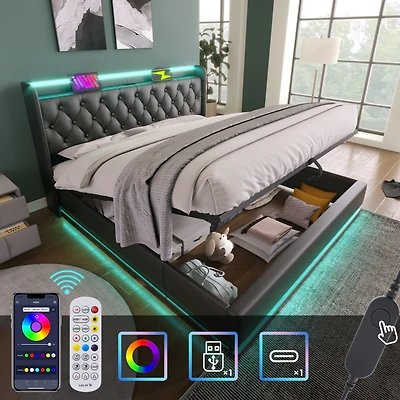 Streamdale Queen Upholstered Led Smart Bed with Storage