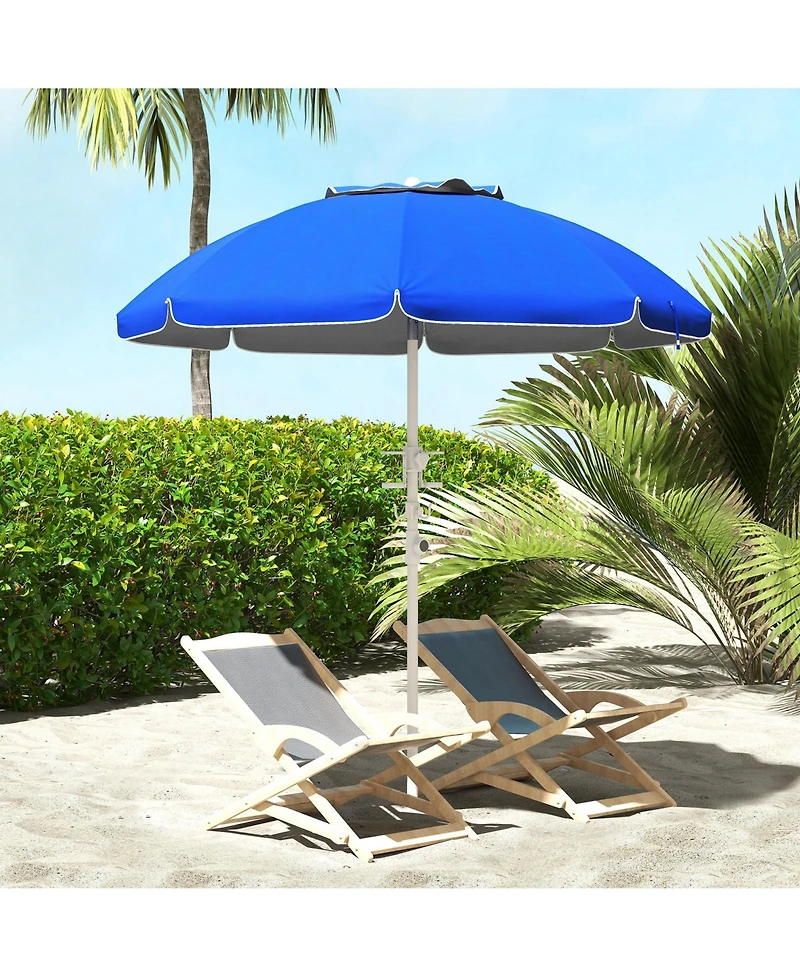 5.7' Portable Beach Umbrella with Tilt, Adjustable Height, 2 Cup Holders & Hooks, Uv 40+ Ruffled Outdoor Umbrella with Vented Canopy, Blue