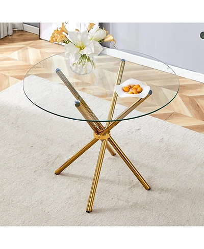Simplie Fun Round clear glass dining table with a unique shape for 4-6 people, with ring-shaped gathered gold metal legs, suitable for desks, kitchens