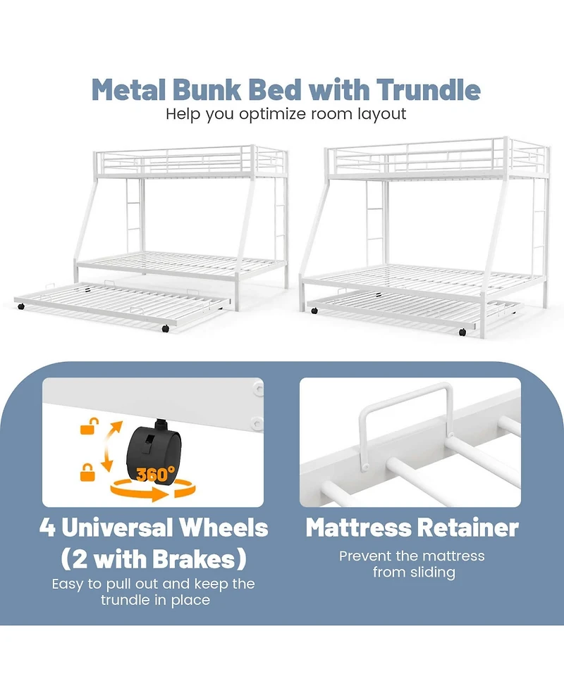 Costway Twin Over Full Metal Slats Bunk Bed Frame with Trundle, Guard Rail & Ladders