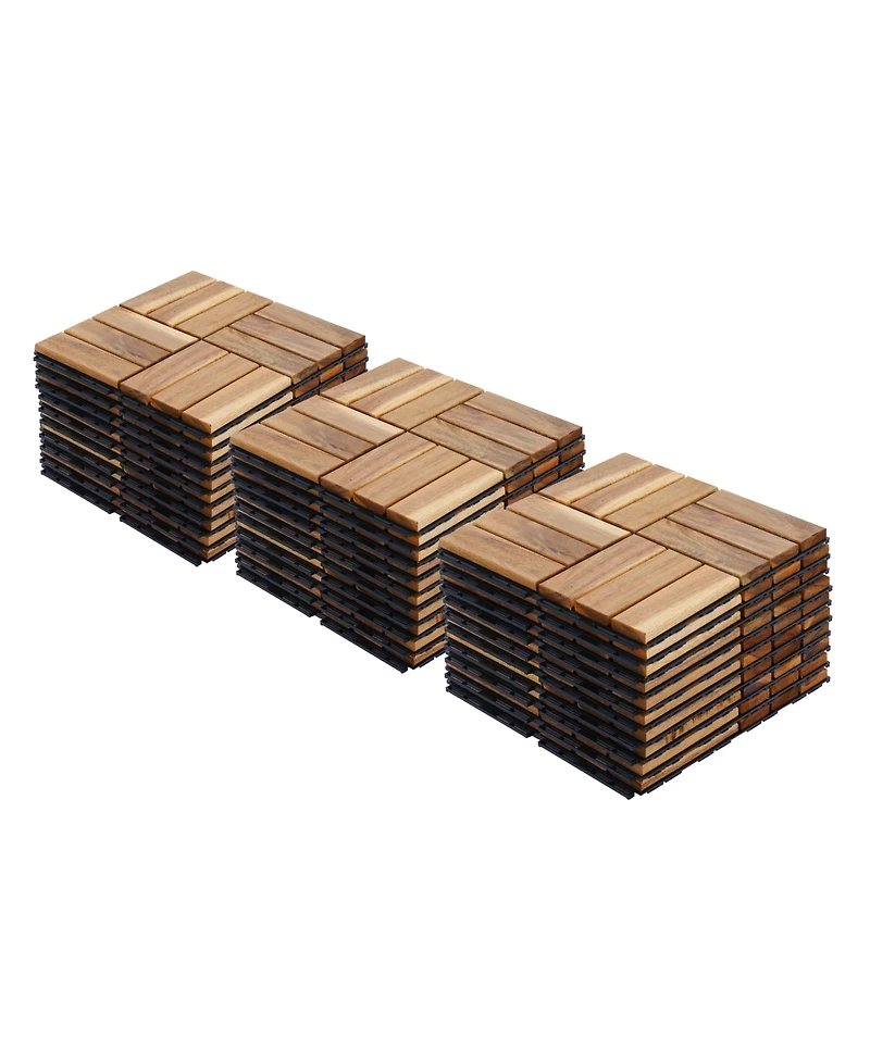 10 Pcs Interlocking Deck Tiles Checker Pattern, 12" x 12" Square Yellow Acacia Hardwood Outdoor Flooring for Patio, Bancony, Pool Side,...