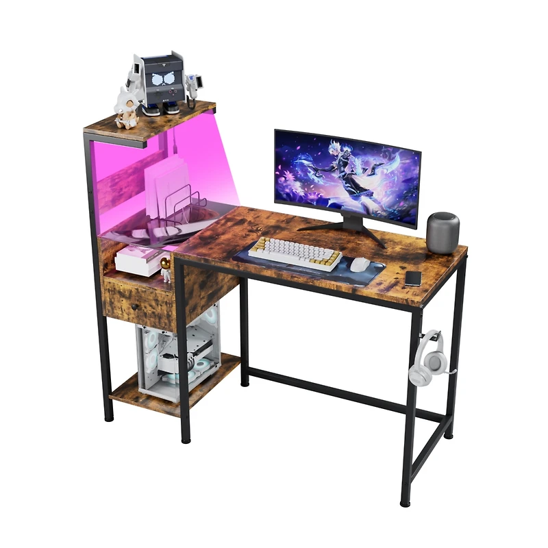 Simplie Fun Computer Desk with Power Outlet & Storage Shelves, Study Writing Table with Usb Ports Charging Station, Pc Desk Workstation for Home Offic