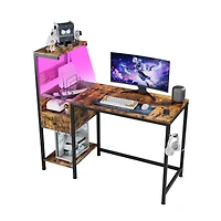 Simplie Fun Computer Desk with Power Outlet & Storage Shelves, Study Writing Table with Usb Ports Charging Station, Pc Desk Workstation for Home Offic