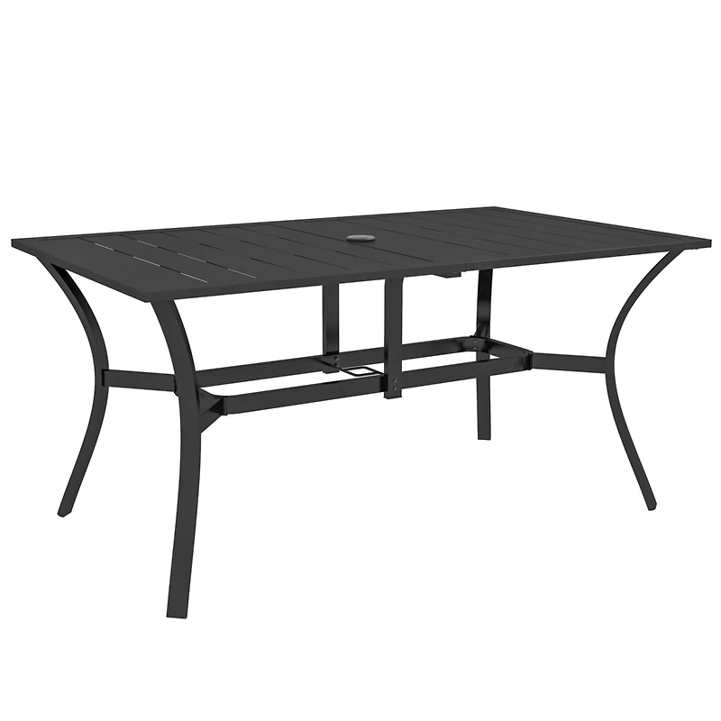 Rectangle Outdoor Dining Table for 6 People, Steel Rectangular Patio Table with Umbrella Hole, Steel Frame for Garden, Balcony, Black