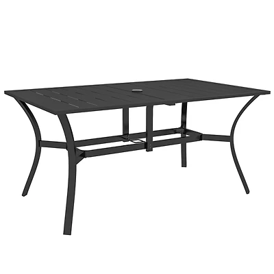 Rectangle Outdoor Dining Table for 6 People, Steel Rectangular Patio Table with Umbrella Hole, Steel Frame for Garden, Balcony, Black