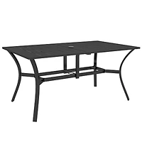 Rectangle Outdoor Dining Table for 6 People, Steel Rectangular Patio Table with Umbrella Hole, Steel Frame for Garden, Balcony, Black