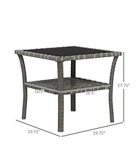 Rattan Side Table, Outdoor End Table with Storage Shelf, Aluminum Frame Square, Coffee Table with Tempered Glass Top, Mixed Gray