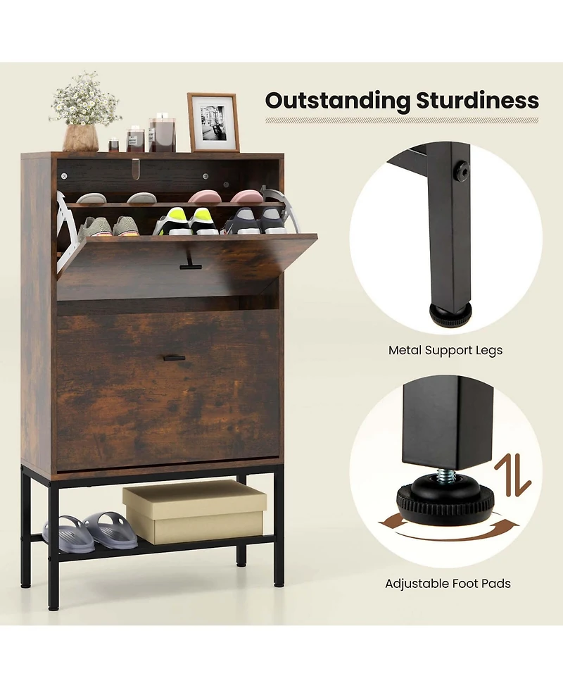 Industrial Shoe Storage Cabinet with 2 Flip Drawers 1 Bottom Metal Shelf Organizer