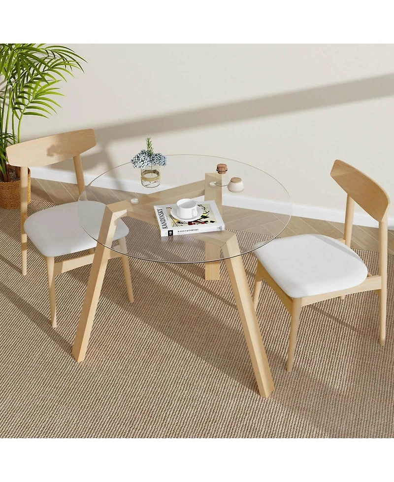 36" Round Glass Dining Table for 4 with Tempered Glass Tabletop Rubber Wood Frame