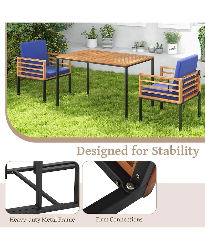 Costway 3 Pcs Patio Dining Table Set with Bistro Chairs Large Coffee Table Seat Cushions