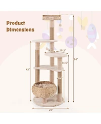 65" Cattail Cat Tower with Jute Scratching Posts Perch Basket Bed Dangling Balls
