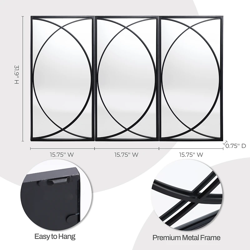 LuxenHome 3-Piece Black Metal Rectangular Wall Mirror Set Large Vanity Bathroom Mirror Accent Decor