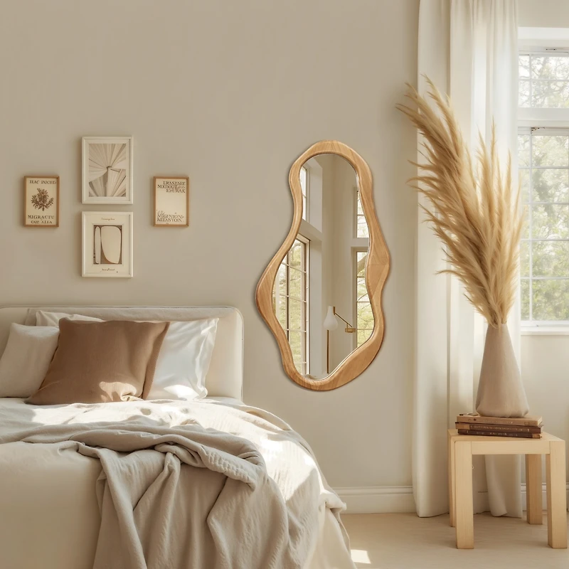 LuxenHome Natural Pine Wood Frame Irregular Oval Wall Mirror Decor Wall Mounted Accent Hanging Mirror