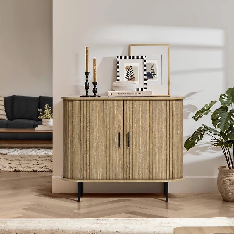 LuxenHome Mid-Century Modern 2-Door Accent Cabinet with Slatted Sliding Doors