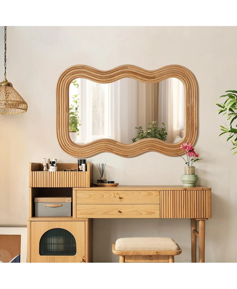 LuxenHome 39-Inch Tall Rectangular Natural Cork Wood Wavy Frame Accent Wall Mirror
