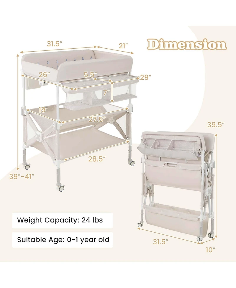Costway Portable Baby Changing Table with Wheels Adjustable Height Large Storage Rack