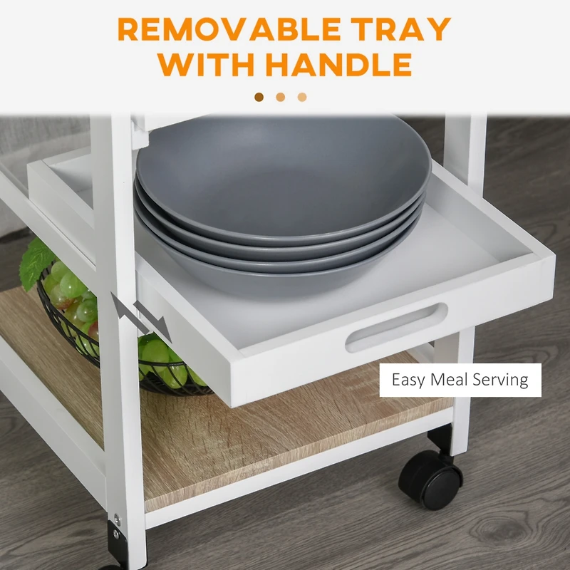 Mobile Kitchen Cart, Rolling Kitchen Island with Storage, Solid Wood Frame Utility Cart with Wire Fruit Baskets, Trays and Drawer, White