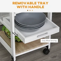 Mobile Kitchen Cart, Rolling Kitchen Island with Storage, Solid Wood Frame Utility Cart with Wire Fruit Baskets, Trays and Drawer, White