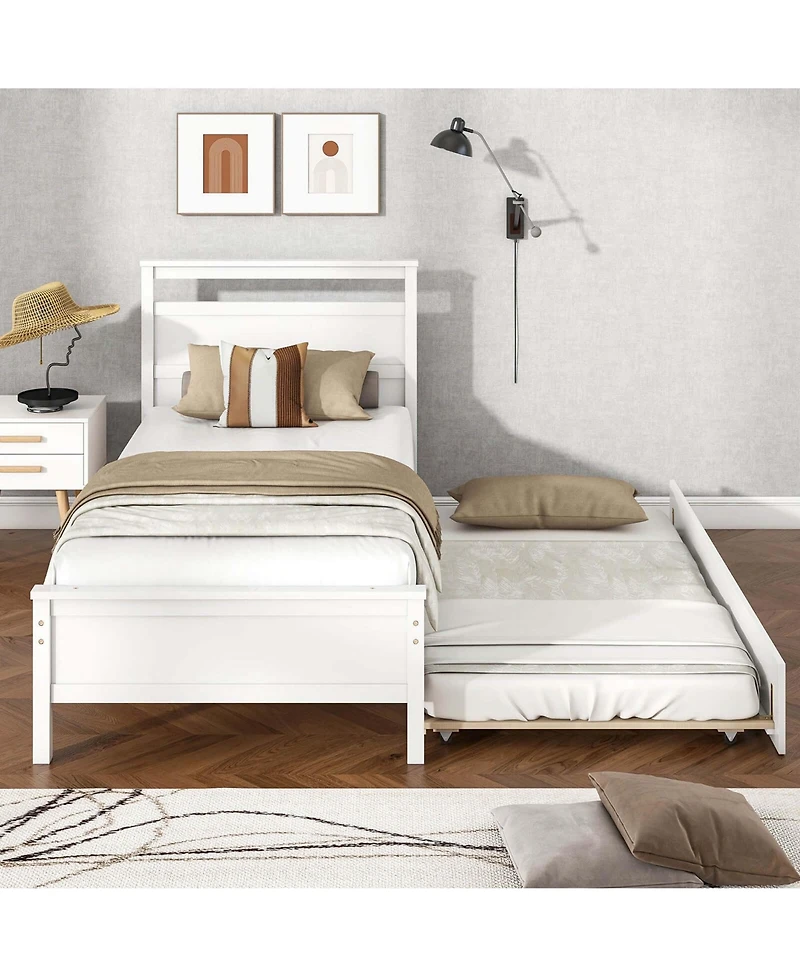 Twin Platform Bed with Trundle Pull-out Headboard & Footboard