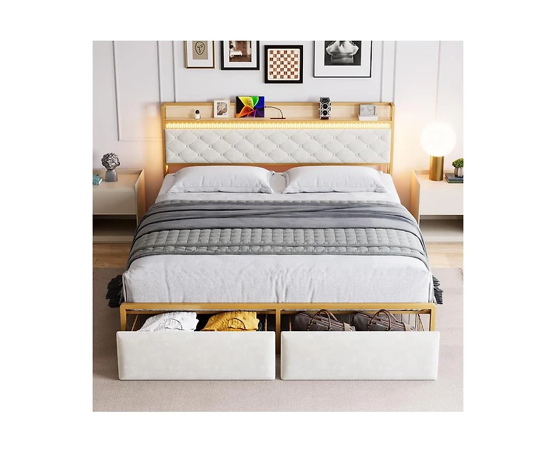 gaomon King Size Led Bed Frame with Headboard and 2 Storage Drawers, Upholstered Platform Bed with Charging Station