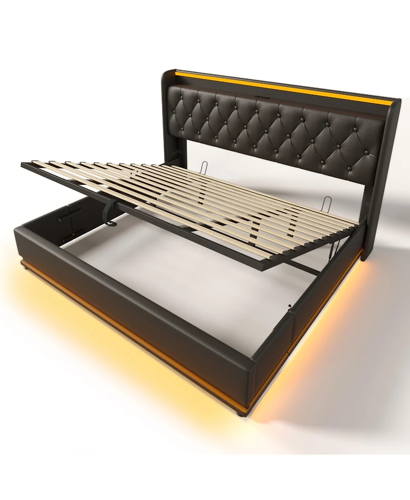 Streamdale Furniture King Upholstered Bed with Led Lighting, Storage, and Usb Charging Ports