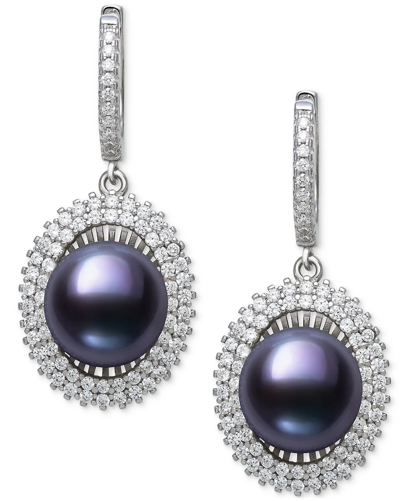 Belle de Mer Peacock Black Cultured Freshwater Pearl (10mm) & Cubic Zirconia Halo Drop Earrings Sterling Silver (Also White