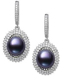 Belle de Mer Peacock Black Cultured Freshwater Pearl (10mm) & Cubic Zirconia Halo Drop Earrings Sterling Silver (Also White