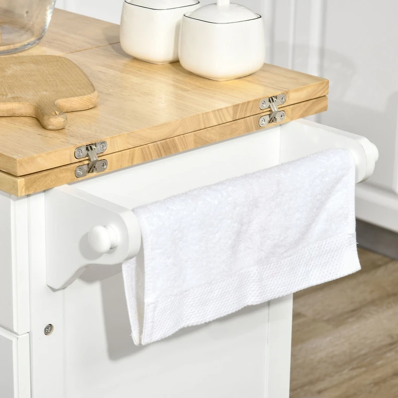 Kitchen Island with Drop Leaf Trolley Cart on Wheels Drawer Cabinet Towel Racks Versatile Use Natural Wood Top and White