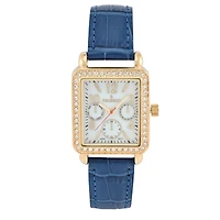 Peugeot Women's 14K Gold Plated Square Dress Watch with European Crystals and Blue Leather Band