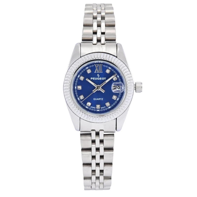 Peugeot Women's Silver-Tone 25mm Fluted Bezel Steel Bracelet Watch with Blue Dial