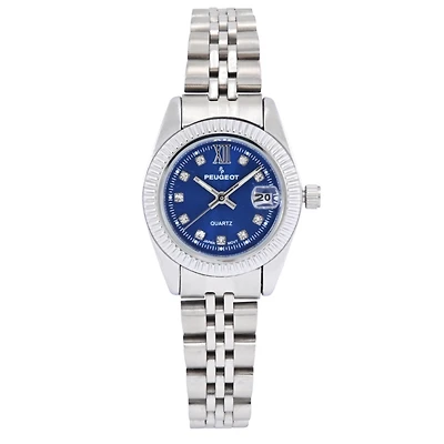 Peugeot Women's Silver-Tone 25mm Fluted Bezel Steel Bracelet Watch with Blue Dial