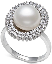 Belle de Mer Peacock Black Cultured Freshwater Pearl (10mm) & Cubic Zirconia Halo Ring Sterling Silver (Also White Pearl)